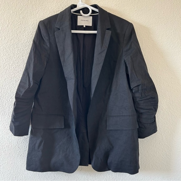 FRAME Women’s Linen Blend Blazer Medium Black Open Front 3/4 Cinched Sleeves